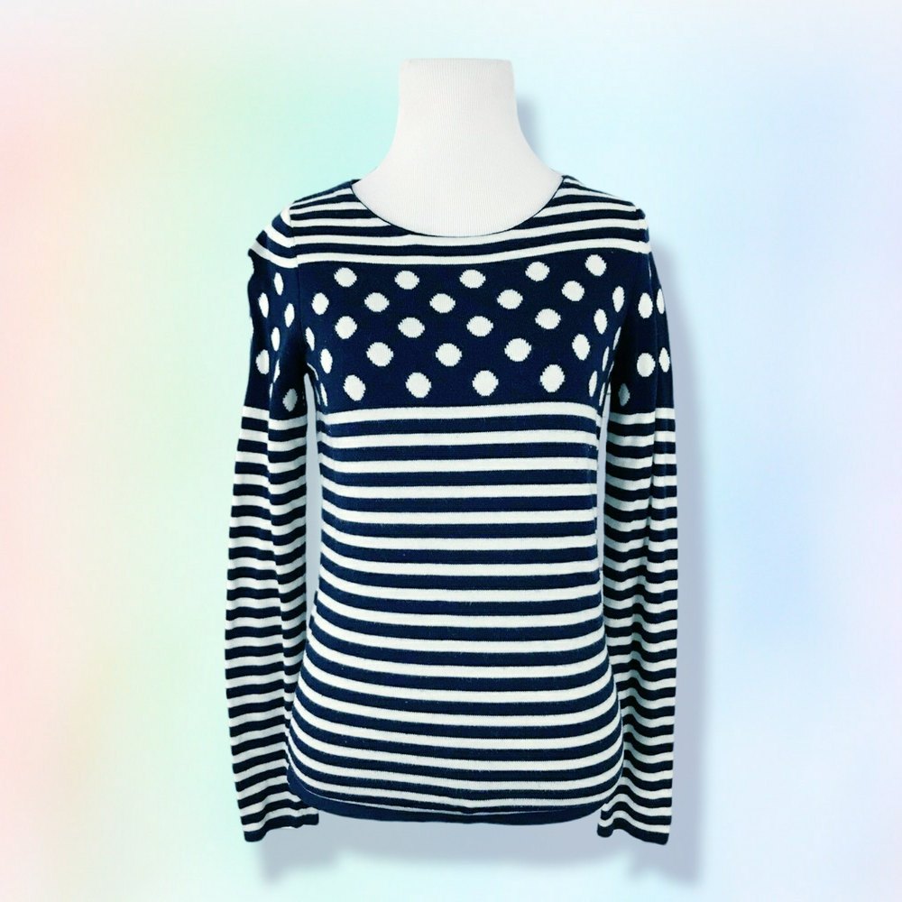 Anthropologie Sparrow Sweater XS Polka Dot Stripe blue coastal beachy academia